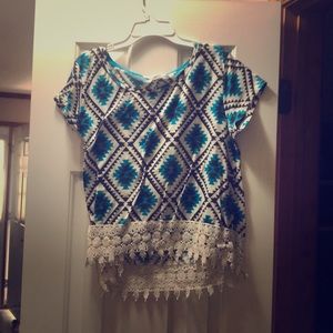 Rewind White, Blue, and Black Tribal Crop Top